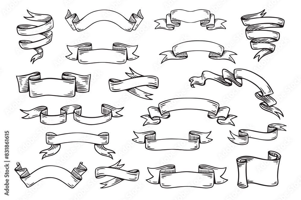 Hand drawn ribbons vintage set. Doodle style black color sketch ...