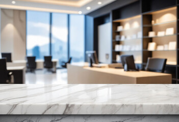 Sticker - Marble stone tabletop and blurred bokeh office interior space background - can used for display or montage your products