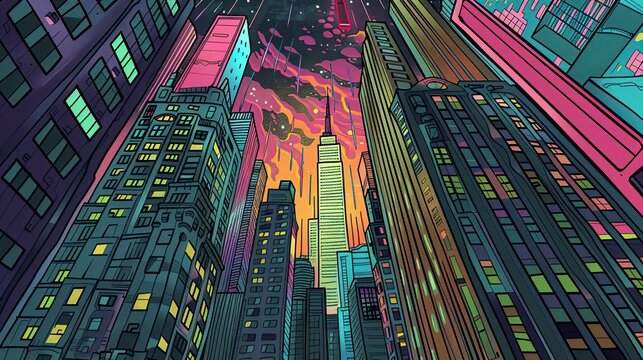 comic book style illustration of skyscrapers at night time with city lights on in windows