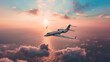 © Sahir Stock - Private jet flying above clouds during sunset over ocean travel luxury aviation