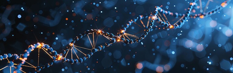 Glowing DNA Strands on Technological Background