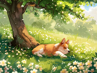 A dog is laying in a field of flowers next to a tree