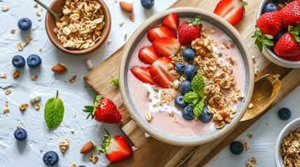 Wall Mural - A bowl of fruit and granola with a spoon on a wooden table. The bowl is filled with strawberries, blueberries, and granola