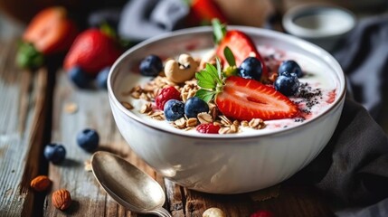 Wall Mural - A bowl of fruit and granola with a spoon in it. The bowl is filled with blueberries, strawberries, and granola