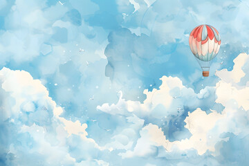 A hot air balloon is floating in the sky above a blue and white background