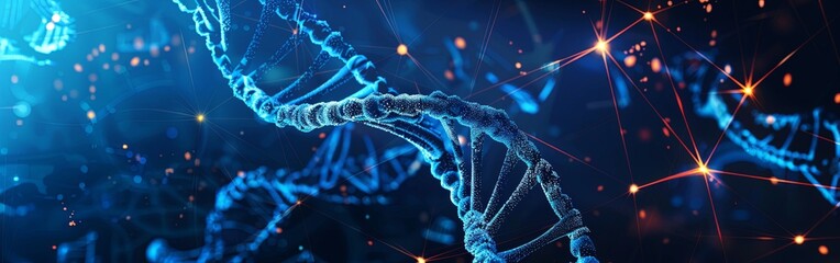 Glowing DNA Strands on Technological Background