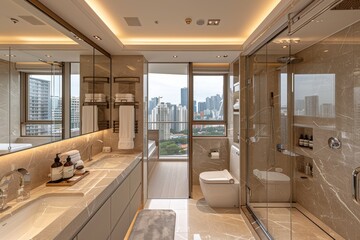 Wall Mural - Contemporary bathroom with city views, featuring sleek fixtures and modern decor for a luxurious and elegant experience