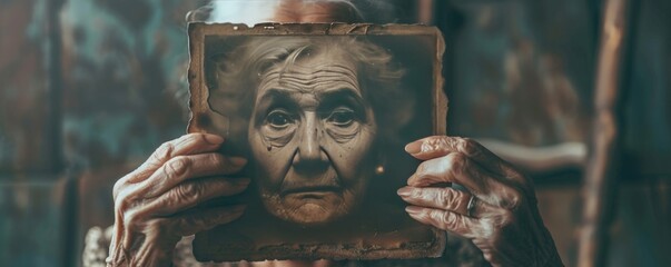 An elderly woman holding a faded photograph, tears in her eyes, set against a nostalgic, vintage background, photorealistic detail, subtle warm tones, cinematic lighting