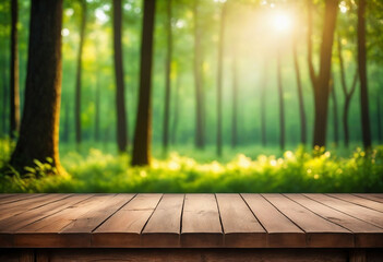 Poster - Wood table and green forest bokeh blurred background for nature