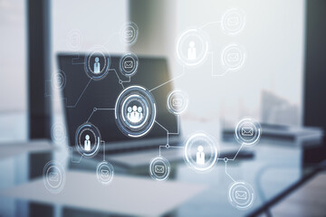 Wall Mural - social network media concept with modern computer on background. double exposure