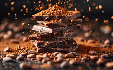 Wall Mural - Dark chocolate pieces and cocoa powder falling down on dark background