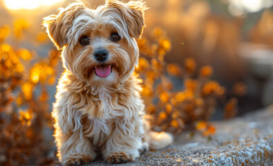 Wall Mural - Cute Yorkshire Terrier dog sitting on stone in autumn at sunset
