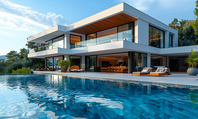 Wall Mural - Modern villa with pool view from the garden