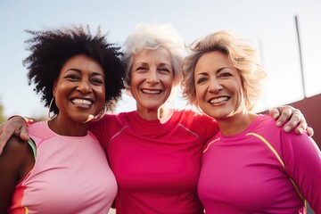 elderly women in nature taking pictures together for a happy memory. Women of different ages and skin colors. laughter and a group of pensioners taking photos to post on social media after a workout.