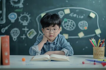 asian child attentive and focused in class.