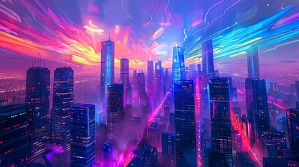 A futuristic cityscape painted with neon strokes, where buildings seem to pulse with energy