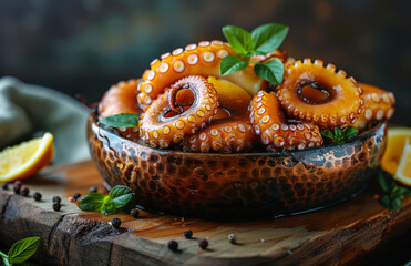 Wall Mural - Marinated octopus tentacles cooked with herbs in rustic bowl