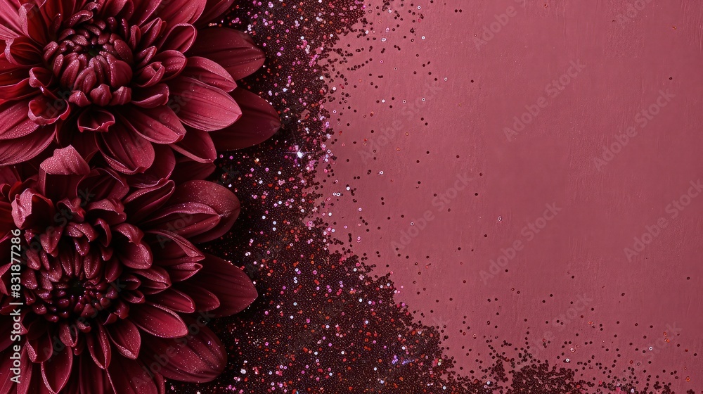 A muted pink vertical background with a in the lower left corner, and a backdrop filled with dark red glitter, creating a sophisticated and rich visual for a special announcement.