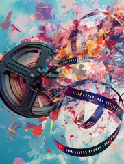 Wall Mural - A film reel reveals colorful, dream-like scenes floating around.