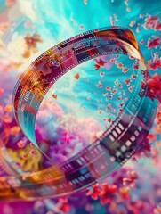 Wall Mural - A film reel reveals colorful, dream-like scenes floating around.