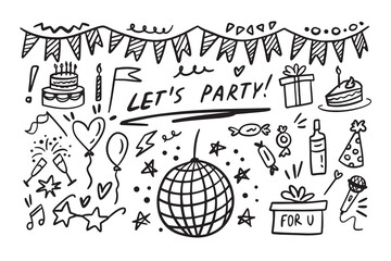 Wall Mural - Doodle party elements Hand drawn set. Sketch icons for invitation, flyer, poster