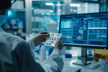 Pharmacist holding a medicine packet and searching that product in the computer database, healthcare and technology concept