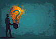 © Perfect Vector - Young businessman searching for answers, solutions - vector scene depicting man holding lightbulb idea & question mark sign, smart FAQ help concept