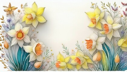 Wall Mural - A watercolor background of plants and flowers with copy space