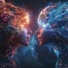 Create a stunning, futuristic illustration of two minds connected through telepathy, with glowing energy flowing between them, rendered in vibrant digital art