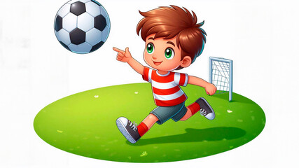 Illustration of a boy playing football with a soccer ball, isolated on a white background