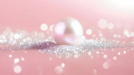 Wall Mural - A soft baby pink background with a central large white pearl, surrounded by sparkling silver glitter, perfect for a refined Women's Day poster.