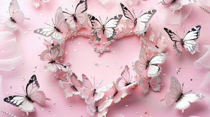 Wall Mural - a soft baby pink background with butterflies forming a heart, each butterfly adorned with delicate s