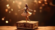 An Old Wooden Music Box With A Ballet Dancer Figurine, CG 3D Rendering, Warm Candlelight Glow, Reflecting Cherished Childhood Memories And The Passage Of Time