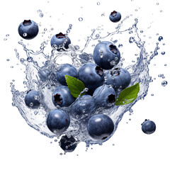 Fresh ripe blueberries and splashing juice png cutout isolated on transparent background 