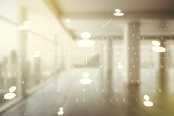 Wall Mural - abstract virtual social network hologram on modern interior background. double exposure