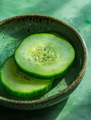 Wall Mural - Two cucumber slices in a green bowl on a textured surface.