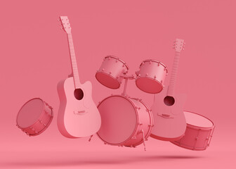 Poster - Set of electric acoustic guitars and drums with cymbals on monochrome background