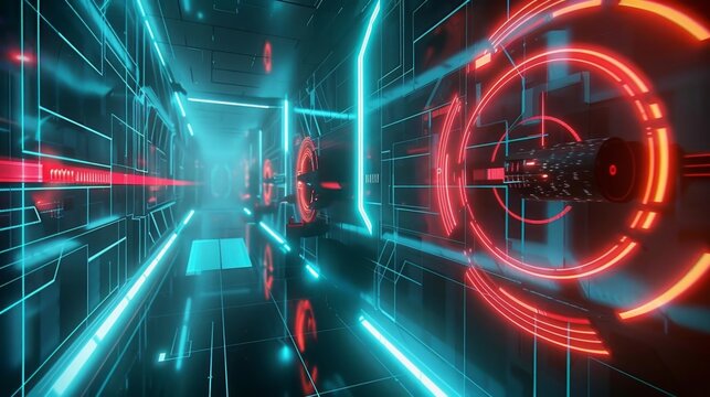 A scifi themed game where the player must navigate through a maze of holographic laser beams and obstacles.