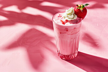 Strawberry cream cocktail elegantly topped with whipped cream and fresh strawberry in classic glass against pink backdrop, creating visually appealing and indulgent dessert experience