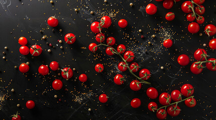 Wall Mural - Cherry tomatoes with spices on a black background