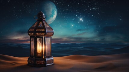 Wall Mural - Lanterns stands in the desert at night sky, lantern islamic Mosque, crescent moon Ramadan Kareem themed illustration background