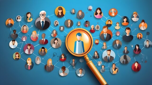 a target group concept, social media marketing, online HRM, human resources management, and a magnifying glass to locate a human icon.