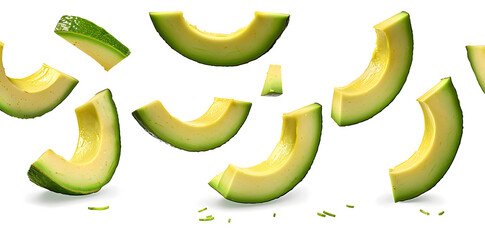 Wall Mural - Falling avocado slices isolated on white background