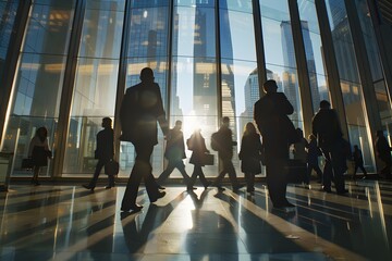 a group of business professionals silhouetted against a large windowed area. busy corporate environment