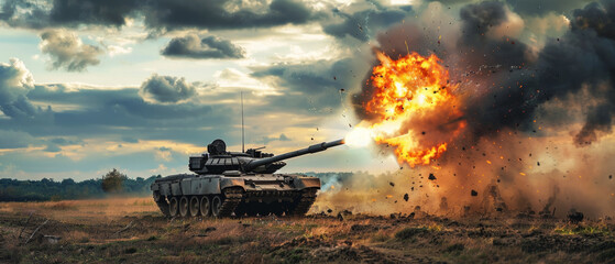 Wall Mural - Explosive moment as a tank fires in a dramatic battlefield scene.