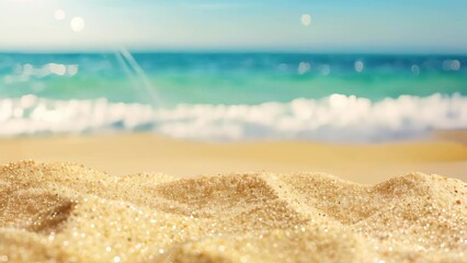 Wall Mural - Blurred background of a beautiful beach with a blue sky and white clouds.