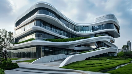 Wall Mural - a modern engineering building features sleek, futuristic architecture with vibrant, eco-friendly gre