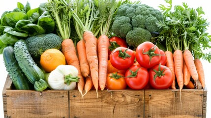 Poster - A wooden crate filled with a variety of vegetables including carrots, tomatoes, broccoli, and cucumbers