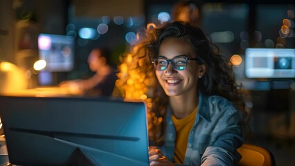 Wall Mural - Happy smiling young woman working in office with computer.