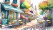 © k design - Beautiful Cafe Street Watercolor Background with Plants and Flowers